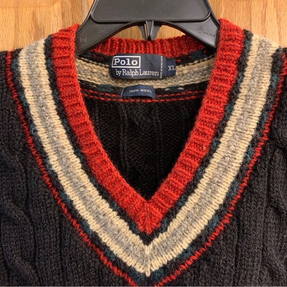 Vintage POLO RALPH LAUREN 100% Wool Sweater Cable Knit V-Neck Men’s Size XL - Picture 2 of 7